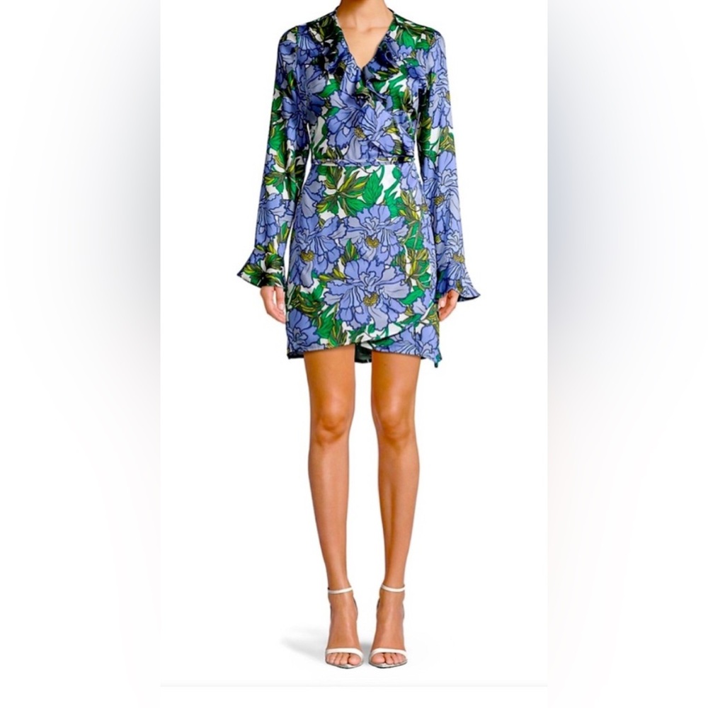 Floral Wrap Around Long Sleeve Dress in Blue and Green